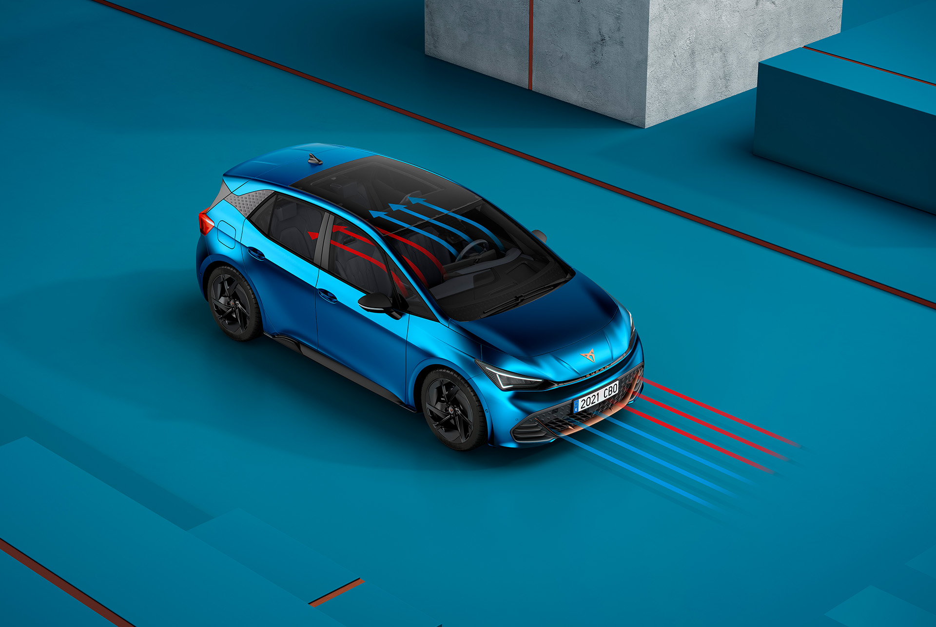 CUPRA Born Aurora Blue krāsā ar automobiļa siltumsūkņa funkciju